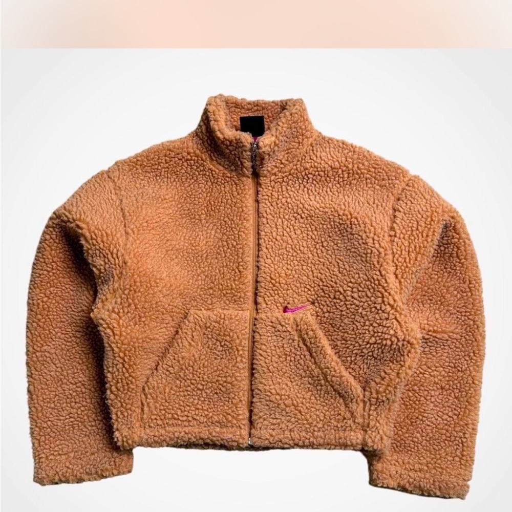 Nike Tan Teddy Jacket with Plush Texture and High Collar